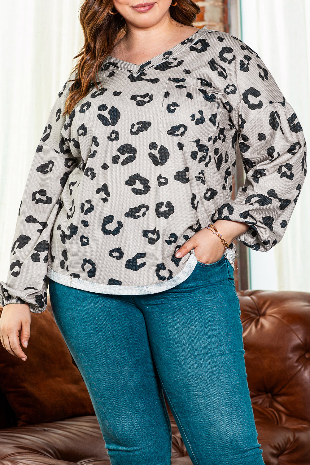 Women's Top with Leopard-Print Thermal Knitted Plus Size