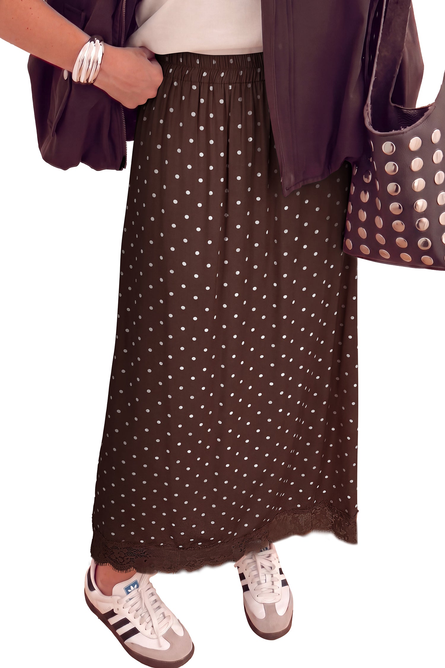 Polka-Dot Lace Hem Refined Long Shift Skirt in Brown