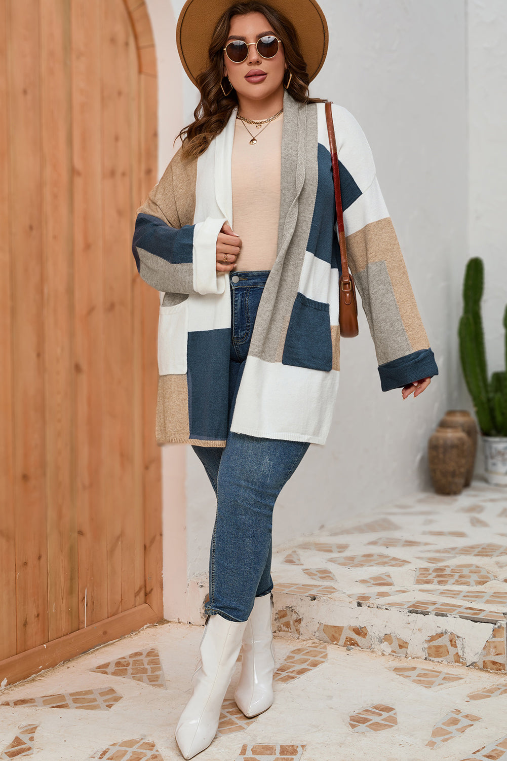 Women's Knit Cardigan with Color-Block Plus Size