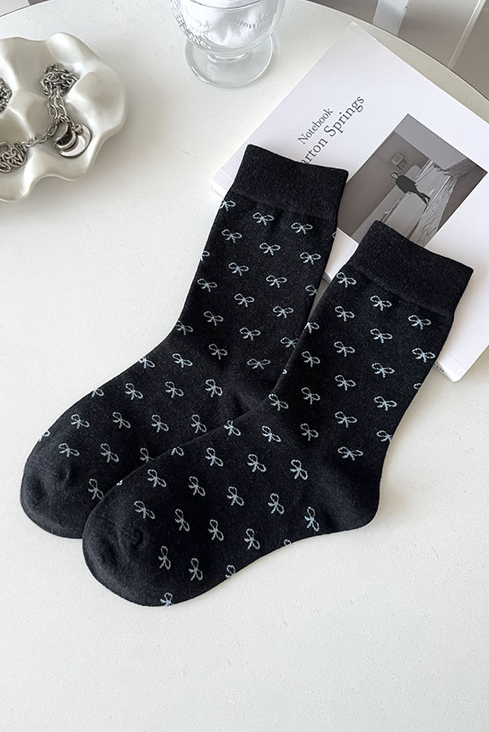 Rib-Knit Bow Knots Edge Crew Socks