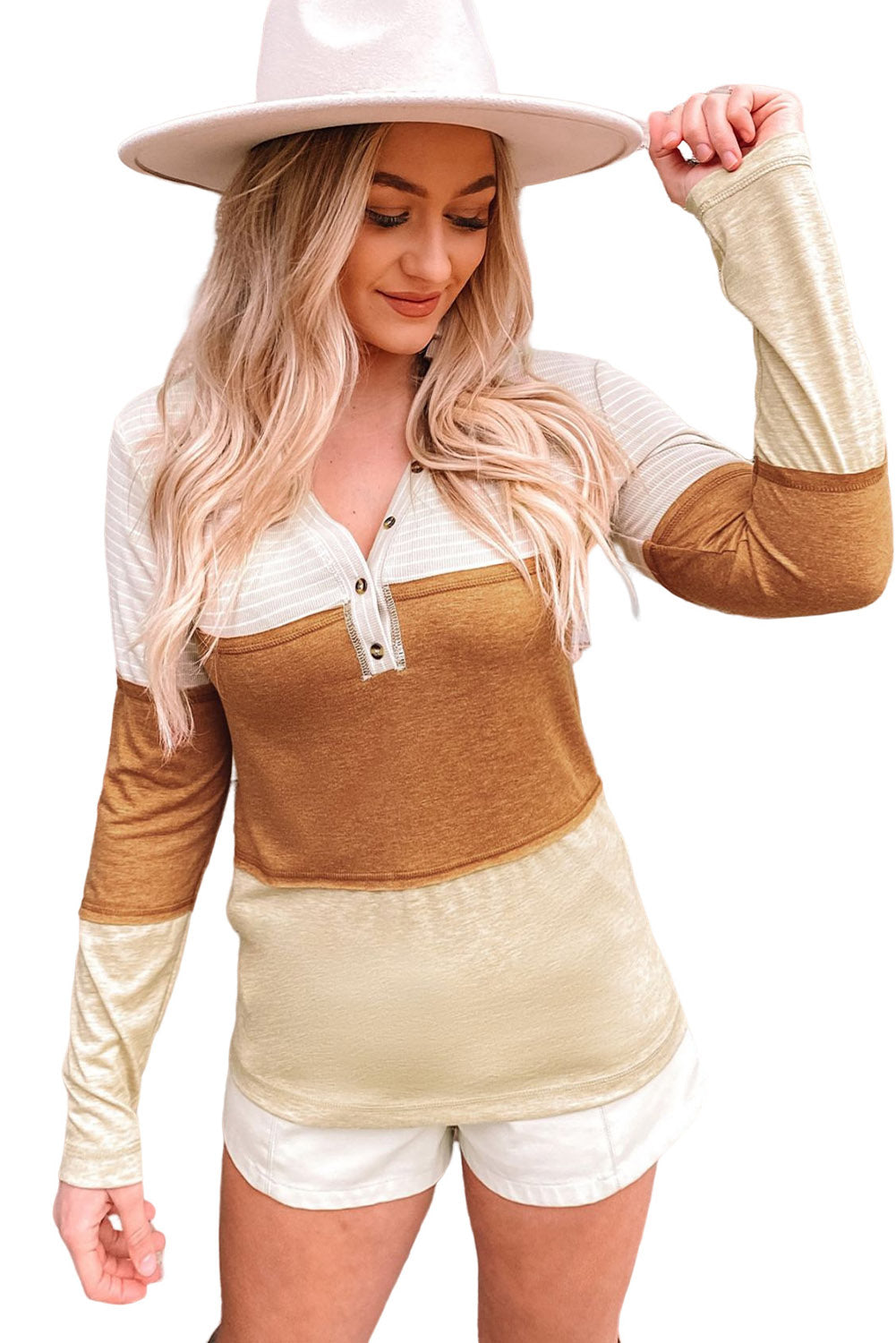 Henley Top for Women Striped Color-Block