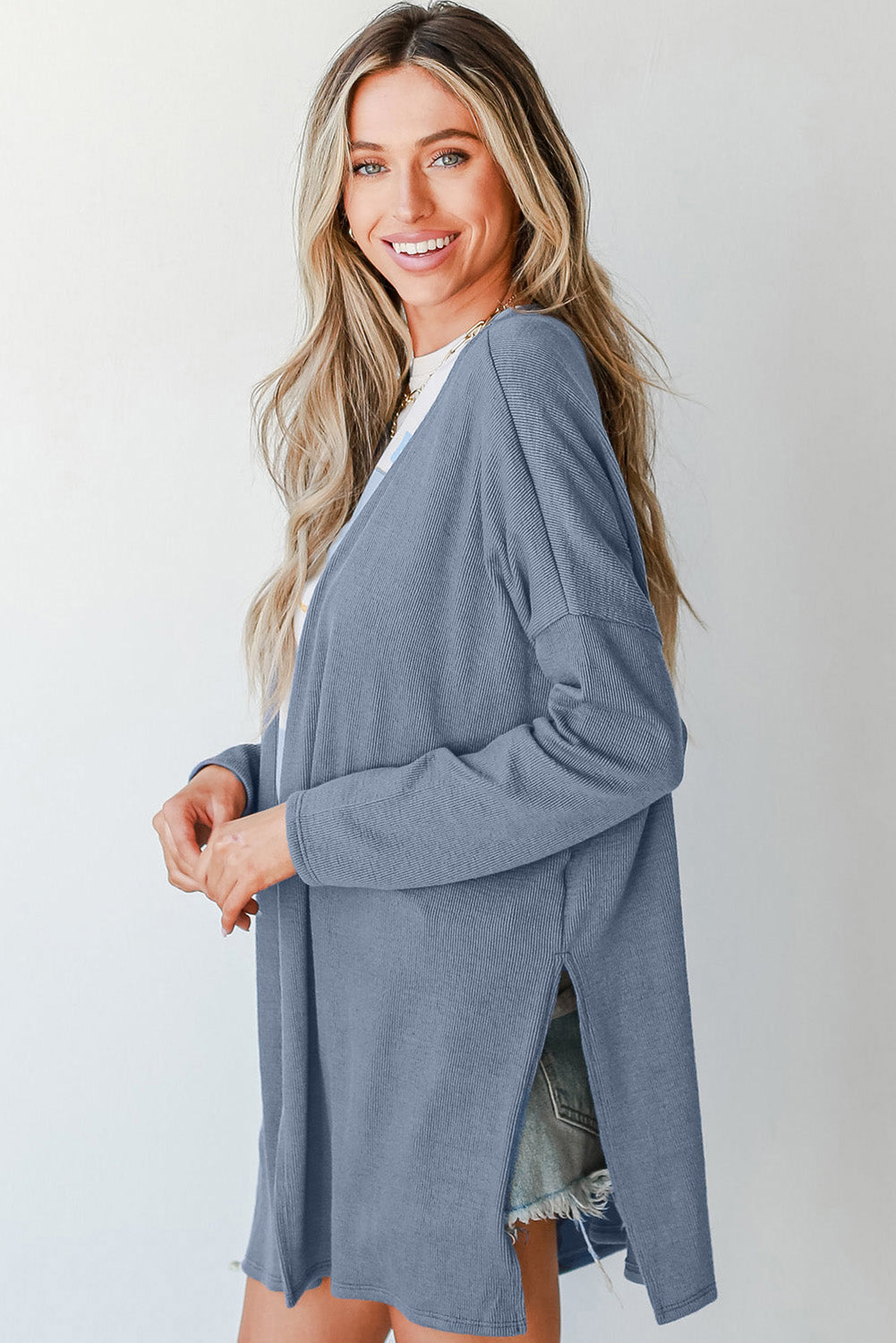 Solid Rib-Knit Open-Front Tunic Cardigan in Ashleigh Blue