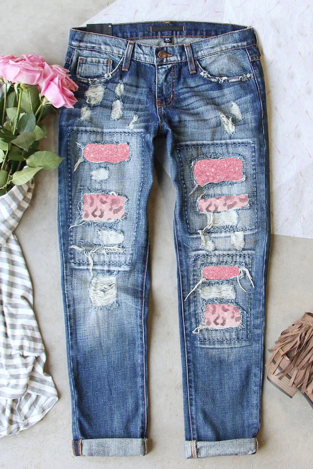 Jeans for Women Leopard-Print Gradient Distressed