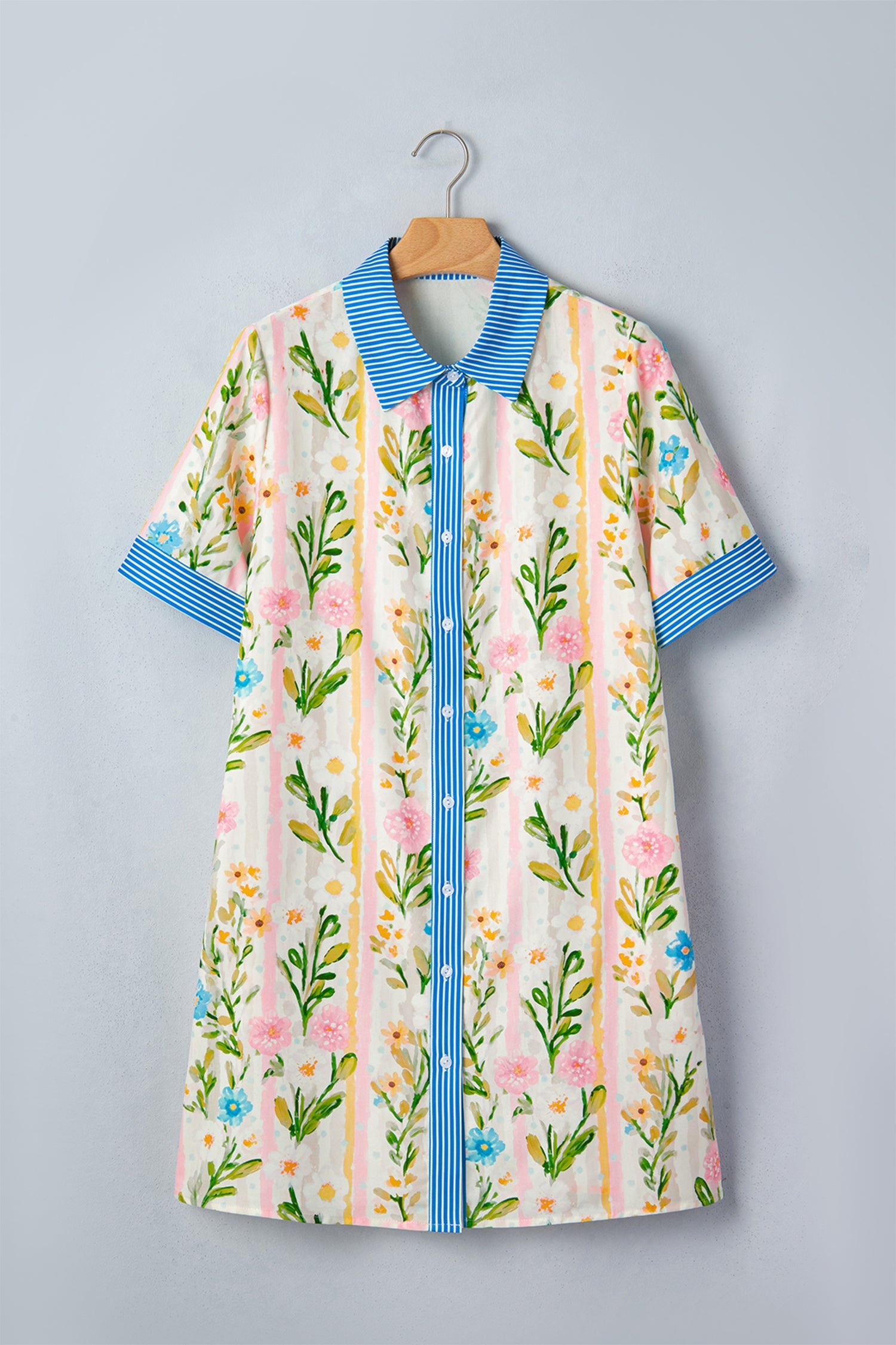 Polished Striped Multicolour Floral-Print Trim Button Down Shift Dress