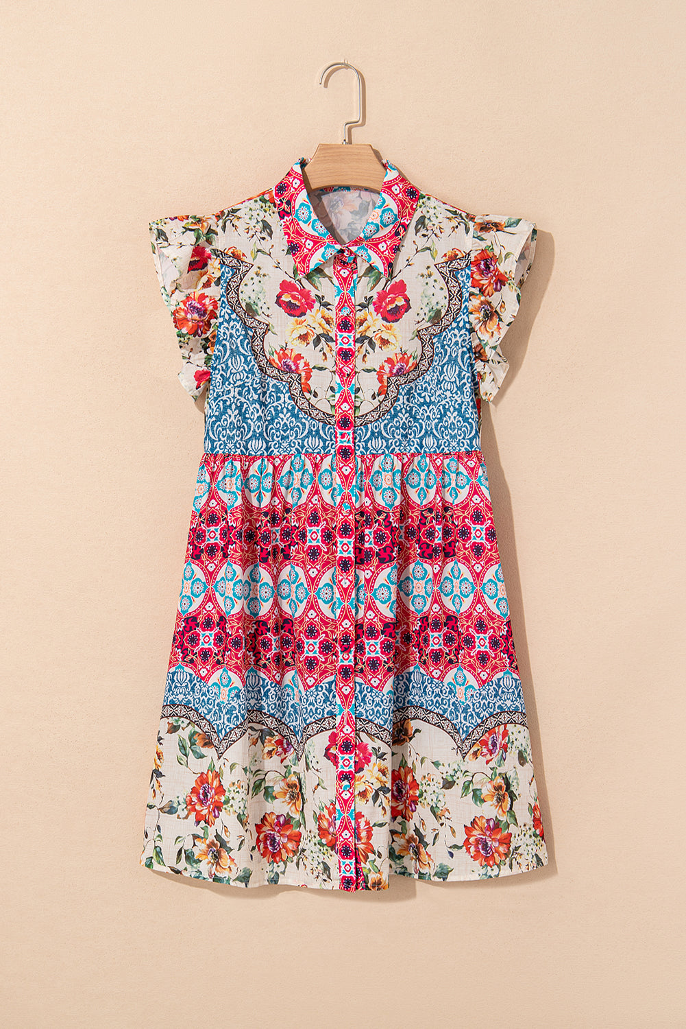 Pattern Floral Mixed Ruffle Flutter Sleeve Button-Front Dress