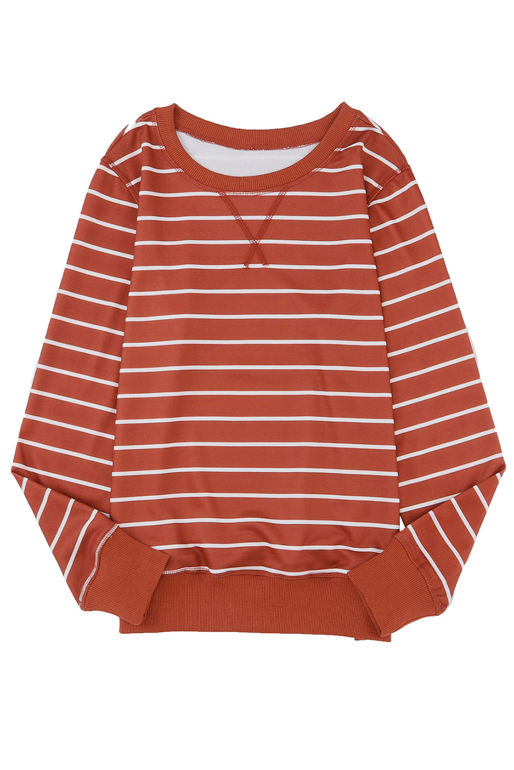 Women's Striped Rib-Knitted Trim Long-Sleeve Top