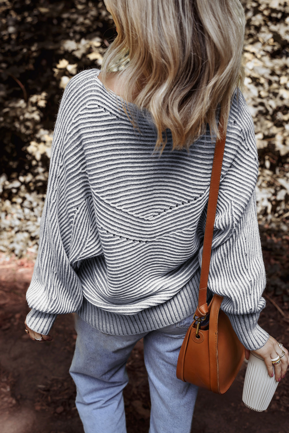 Print Rib-Knit Striped Rib-Knit Knit Boat Neck Baggy Knit Top