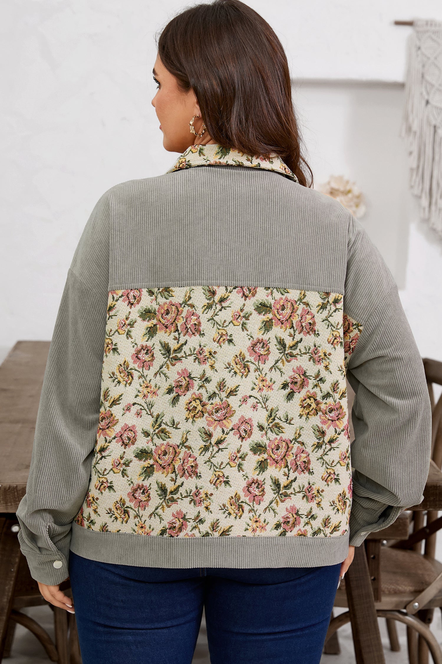 Grey Floral Medium Floral Patchwork Retro Corduroy Jacket