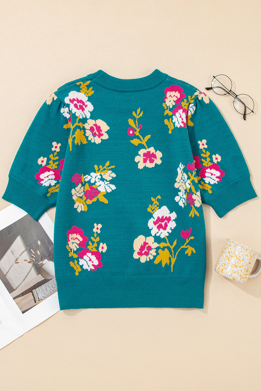 Pattern Mock-Neck Flower Mock-Neck Short-Sleeved Knit T Shirt