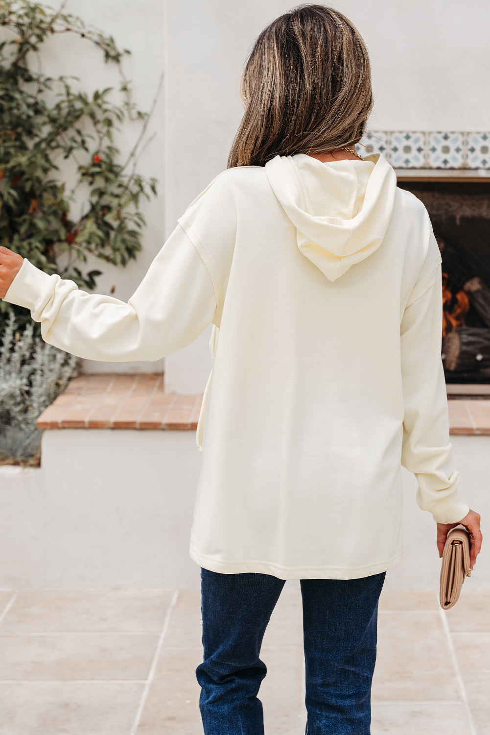Solid Detail Cute Bow Loose Hoodie
