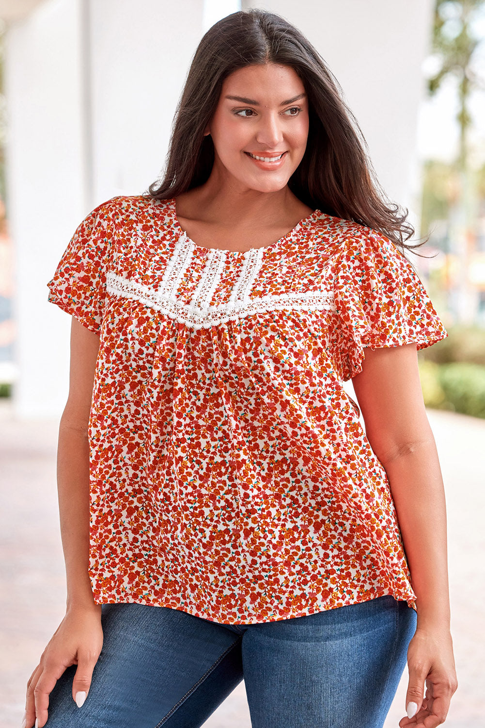 Women's Blouse Featuring Lace-Trimmed Trim Plus Ruffle-Trimmed Sleeve