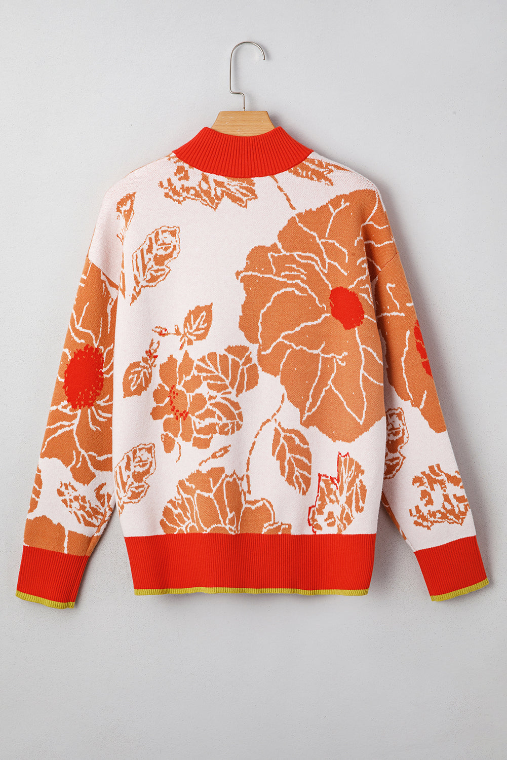Zip Floral Half Collared Pullover Knit Top