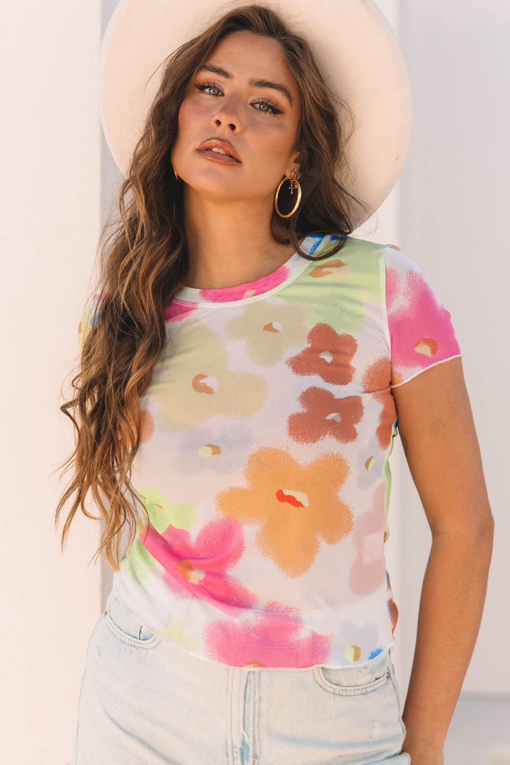 Cute Floral Mesh Lettuce Trim Cropped T Shirt