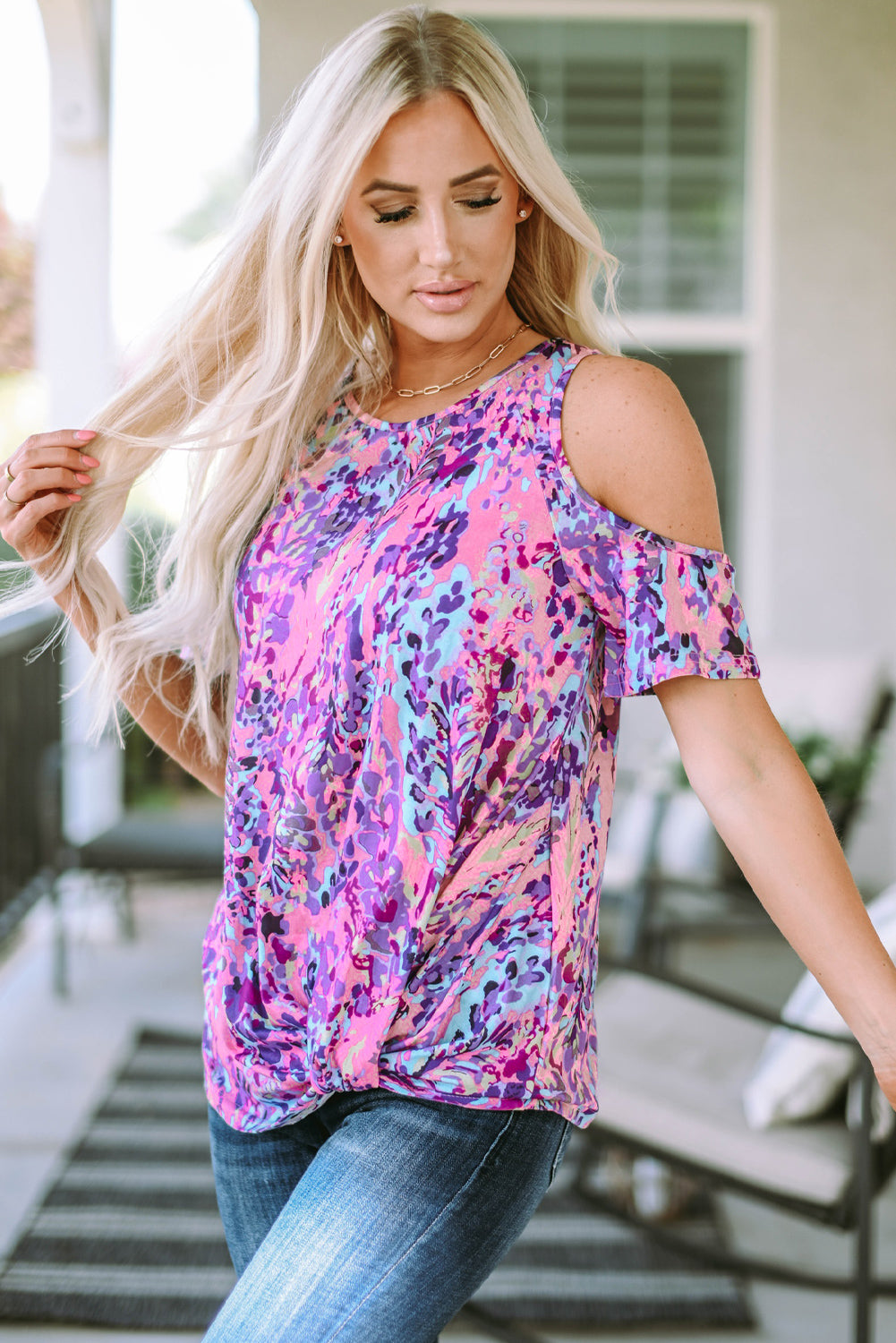 Women's Blouse Featuring Print Cold Shoulder Lavender Floral-Print