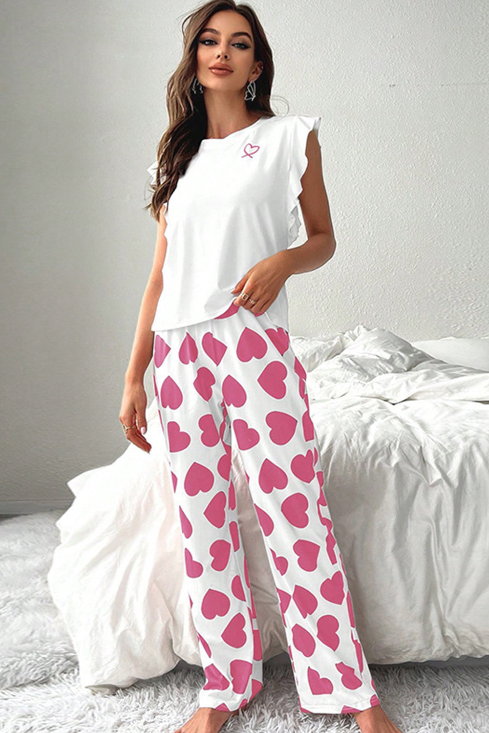Tank Top Ruffled Top And Heart Print Pants Lounge Set
