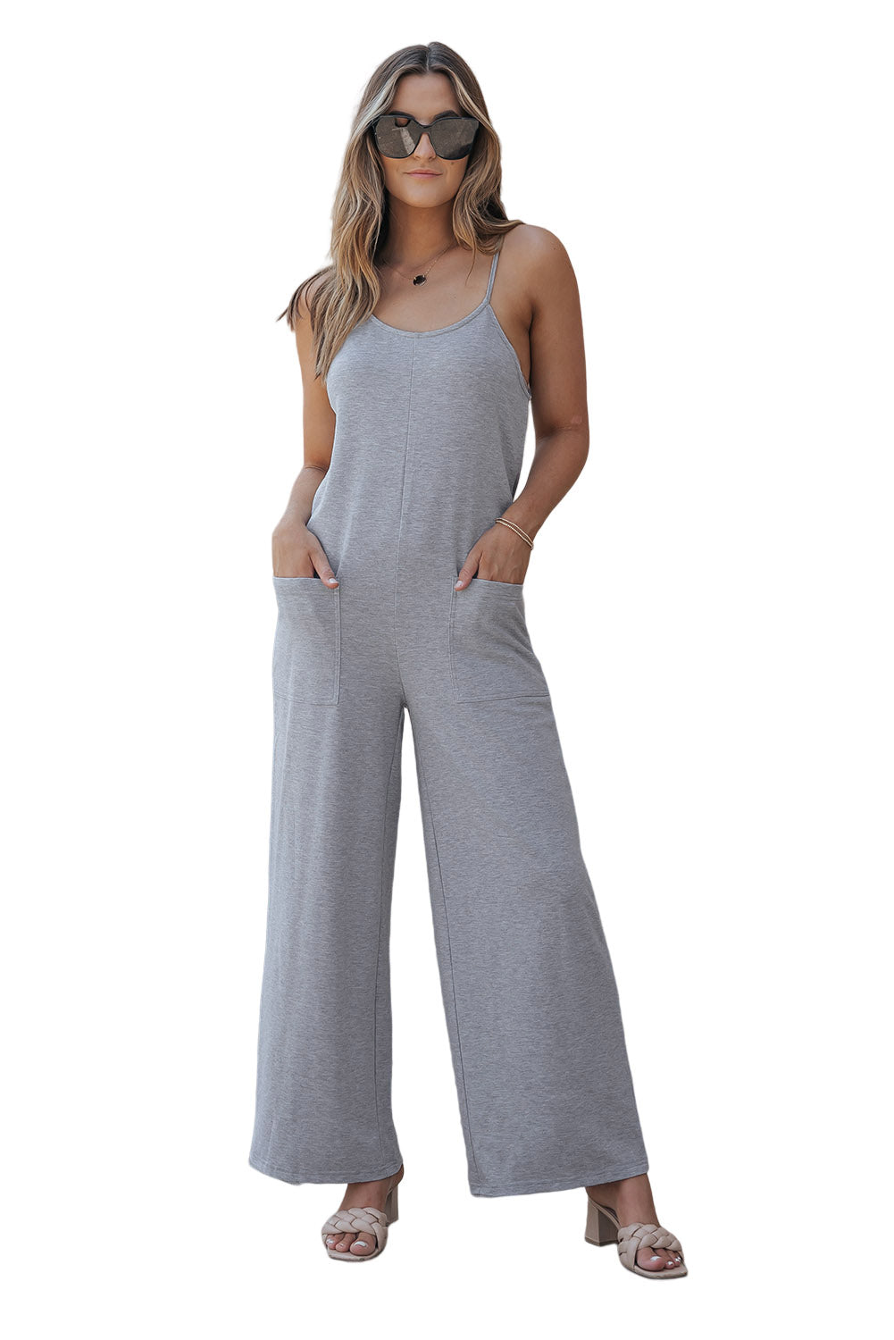 Women's Leg Jumpsuit Featuring Spaghetti Strap Wide Patch Pockets
