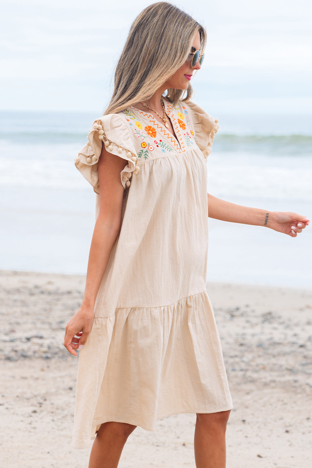 Linen Embroidery Split Neck Pom Pom Ruffle Sleeves Flowy Short Dress