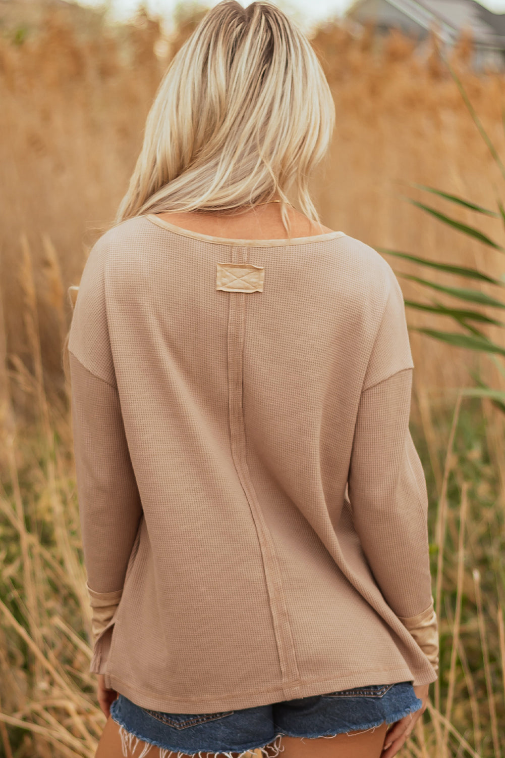 Waffle Textured Colorblock Textured Tunic Henley Cotton Top in Khaki