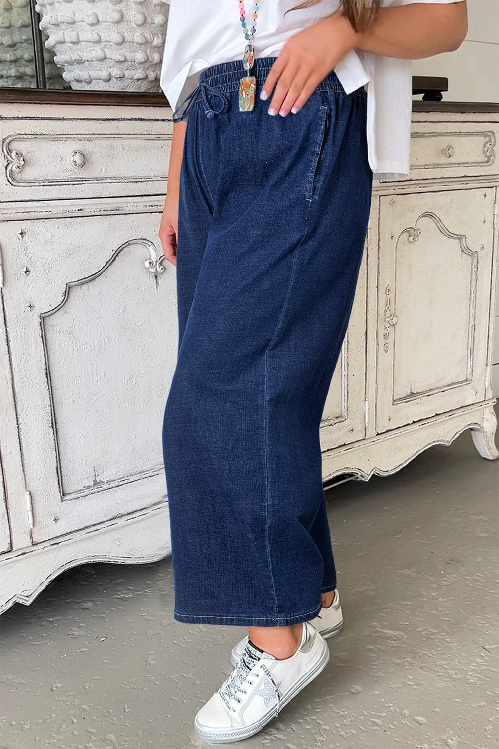 Plus High-Waisted Size Drawcord Wide-Leg Everyday Jeans in Real Teal