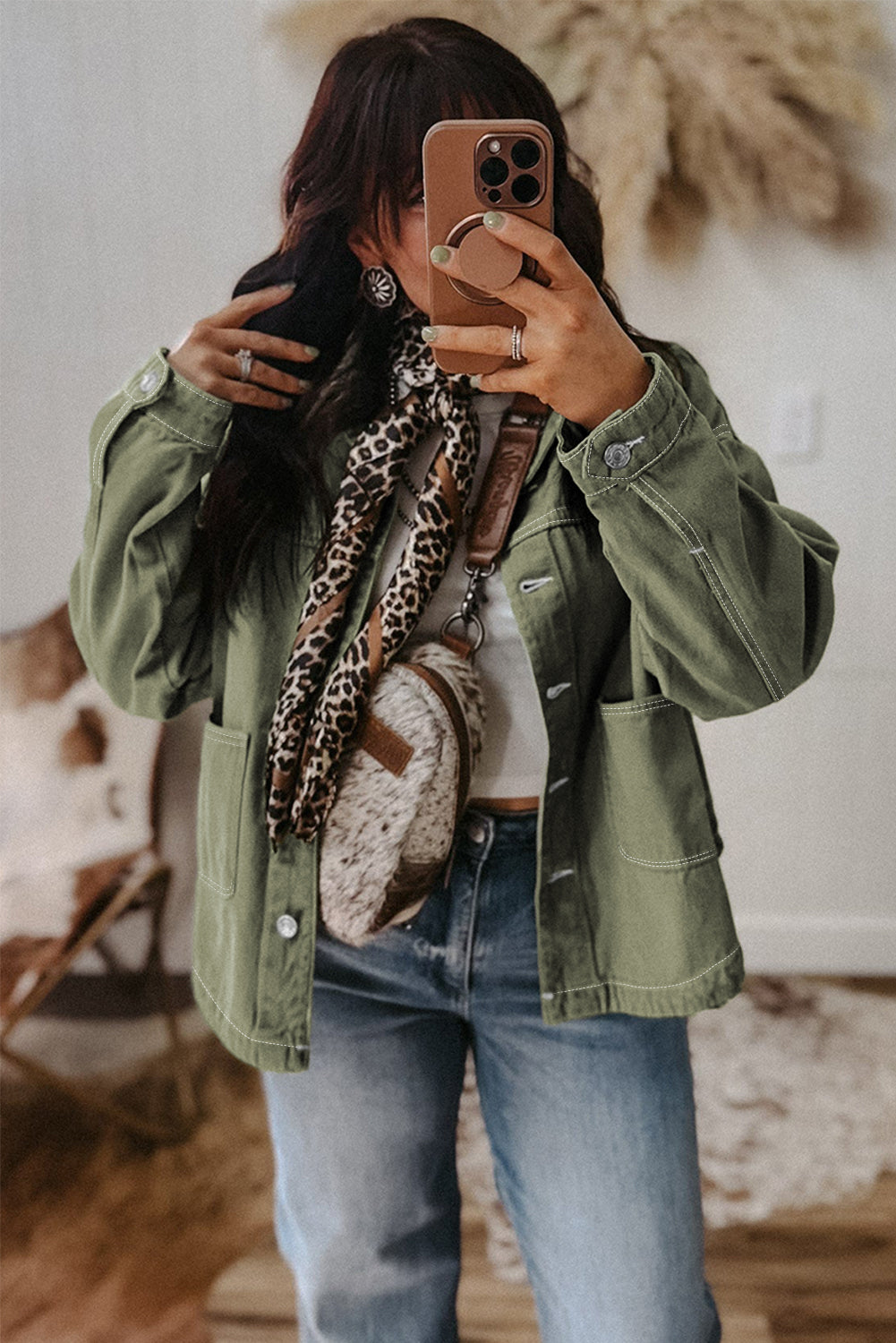 Collared Patched Pocket Button Front Boyfriend Denim Jacket
