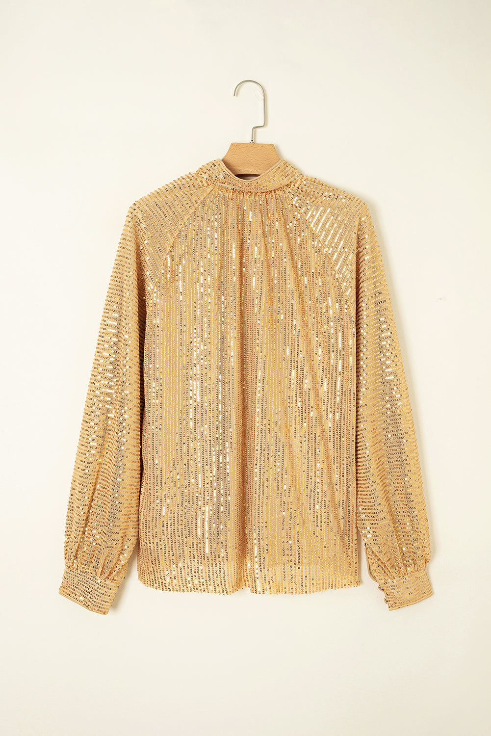 Sleeve Metallic Balloon Button-Front High Neck Loose Blouse