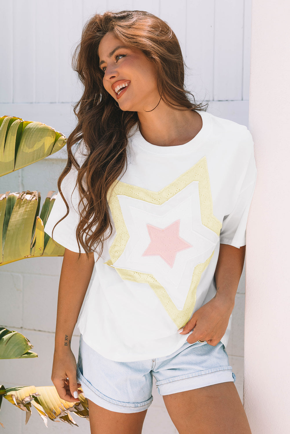 Star Layered Patched Graphic Drop-Shoulder Half Sleeve Loose Tee
