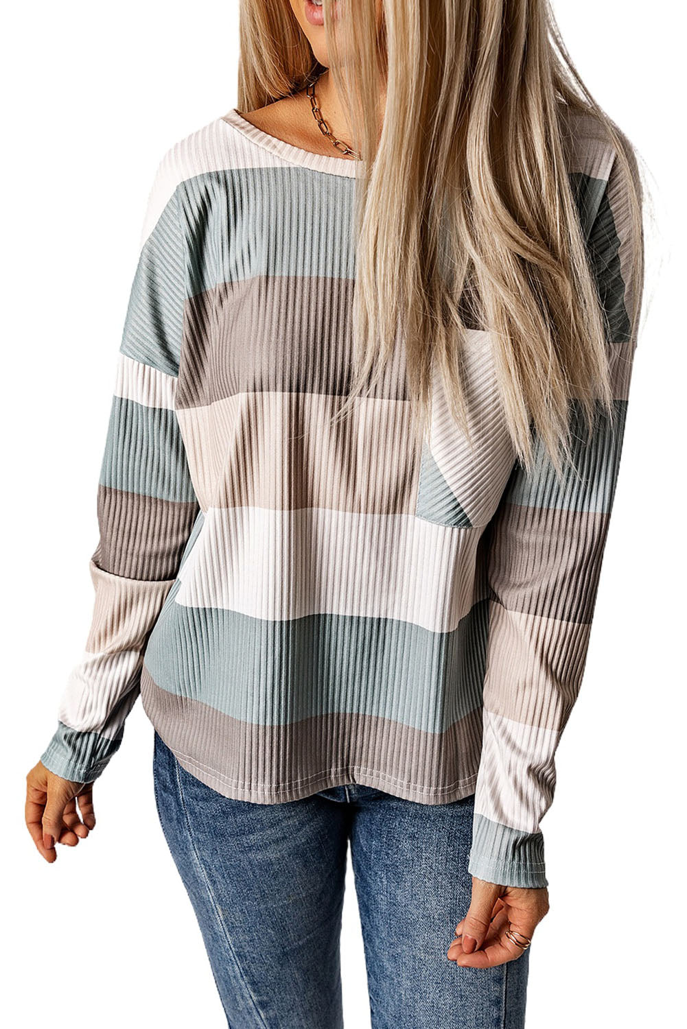 Women's Top with Color-Block Rib-Knitted Long-Sleeve