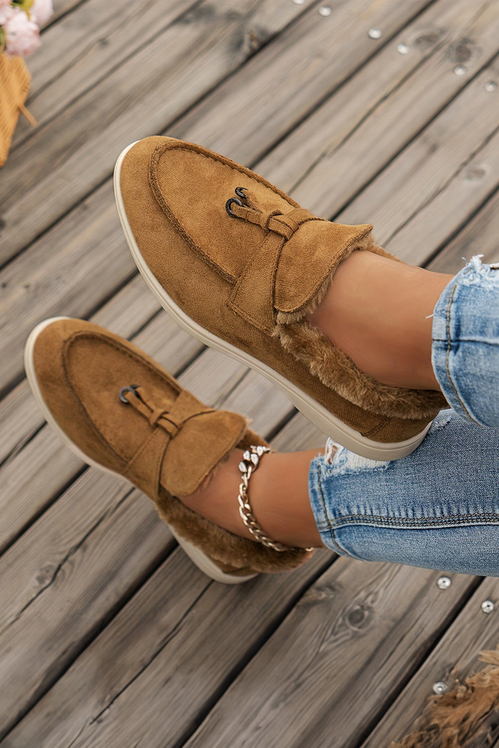 Lined Suede Furry Slip on Flat Shoes