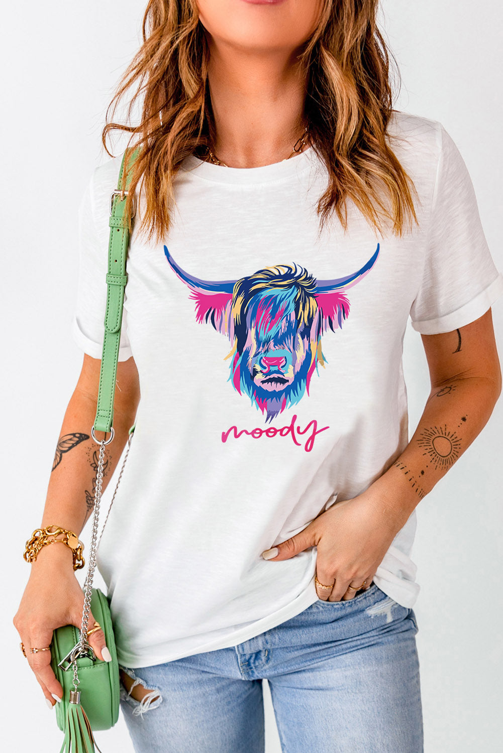 Women's T-shirt Featuring Highland Heifer Moody Graphic-Print