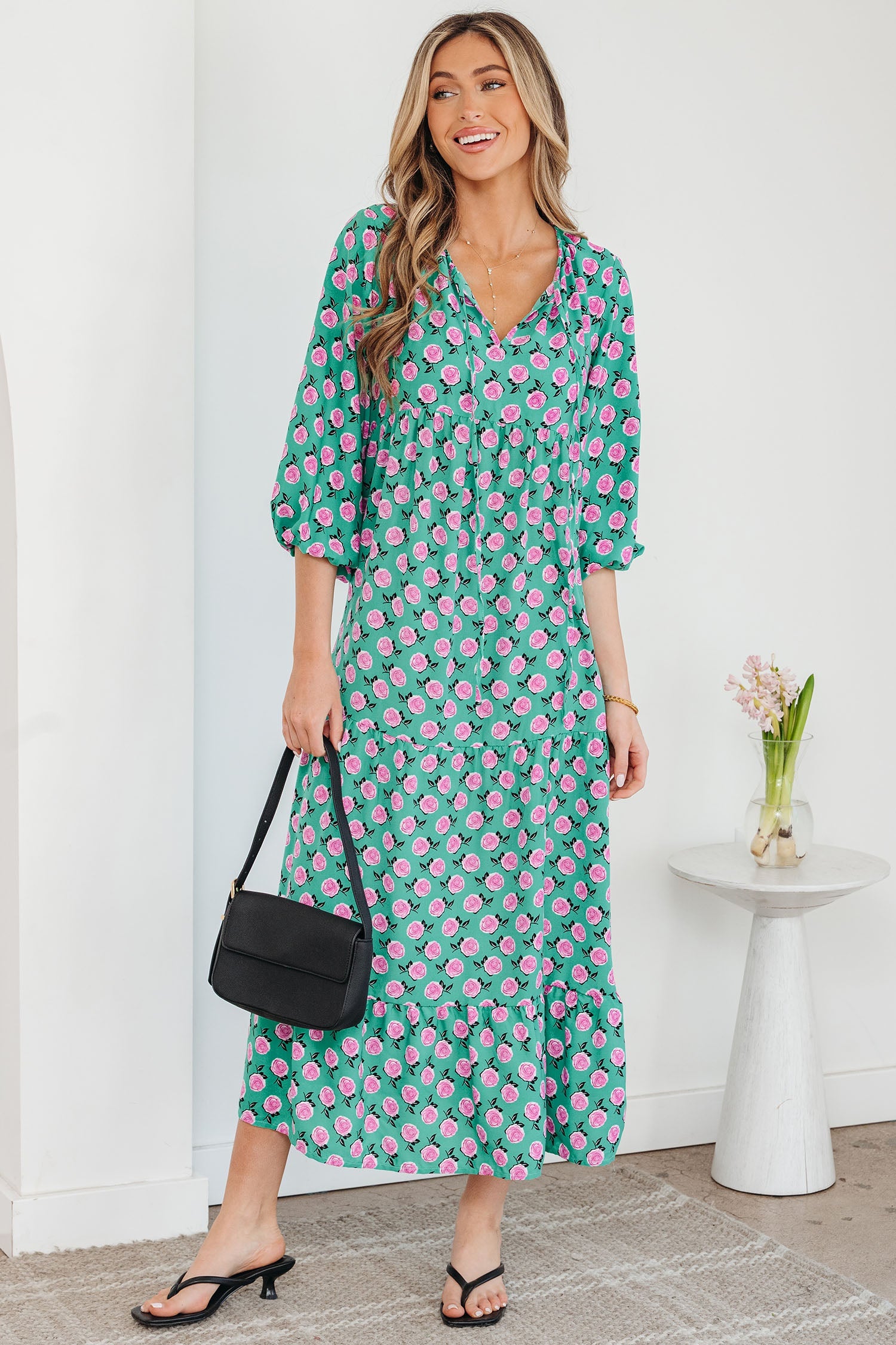 Boho Printed Half Sleeve Maxi Dress in Green