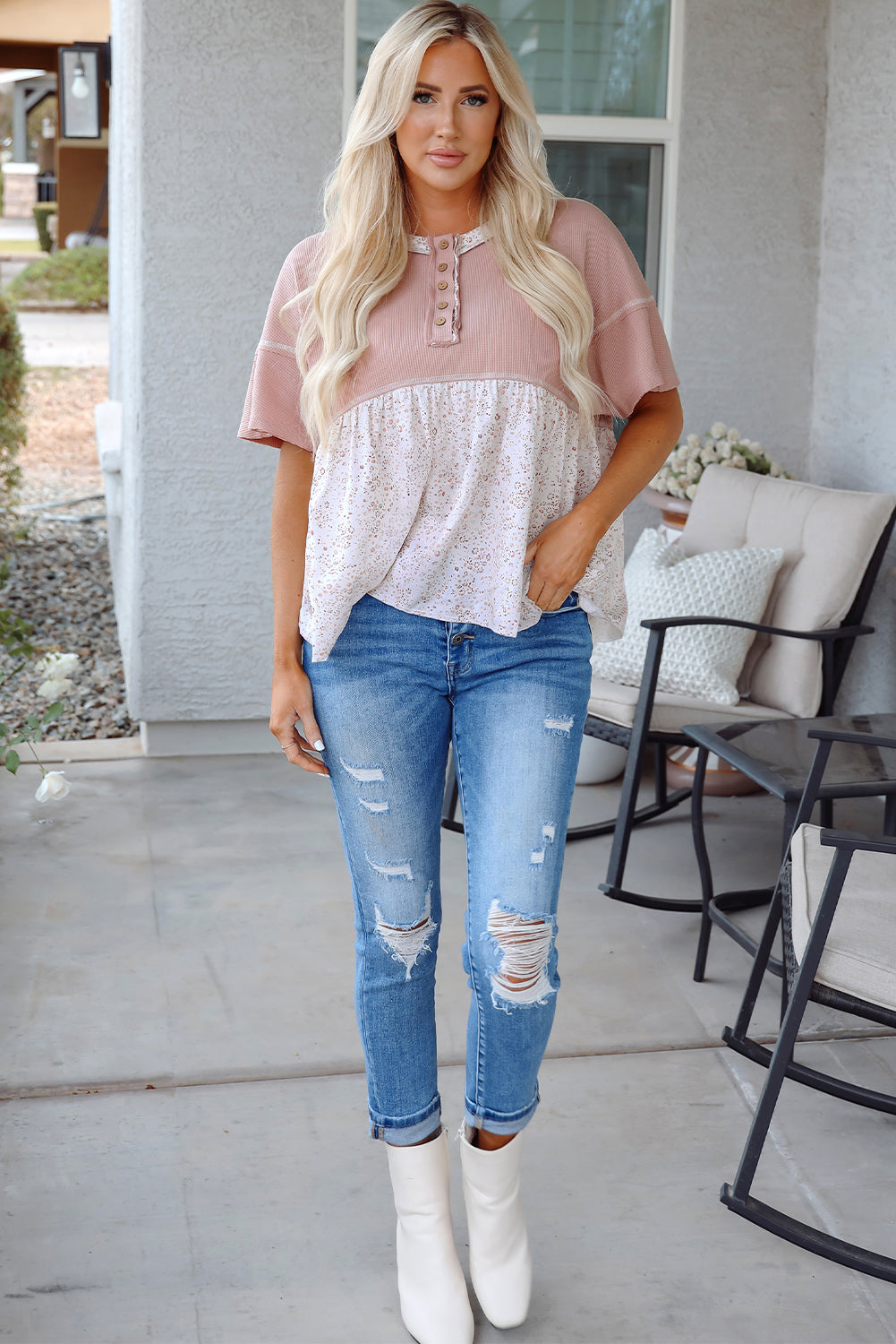 Waffle Floral Patchwork Short Sleeve Top