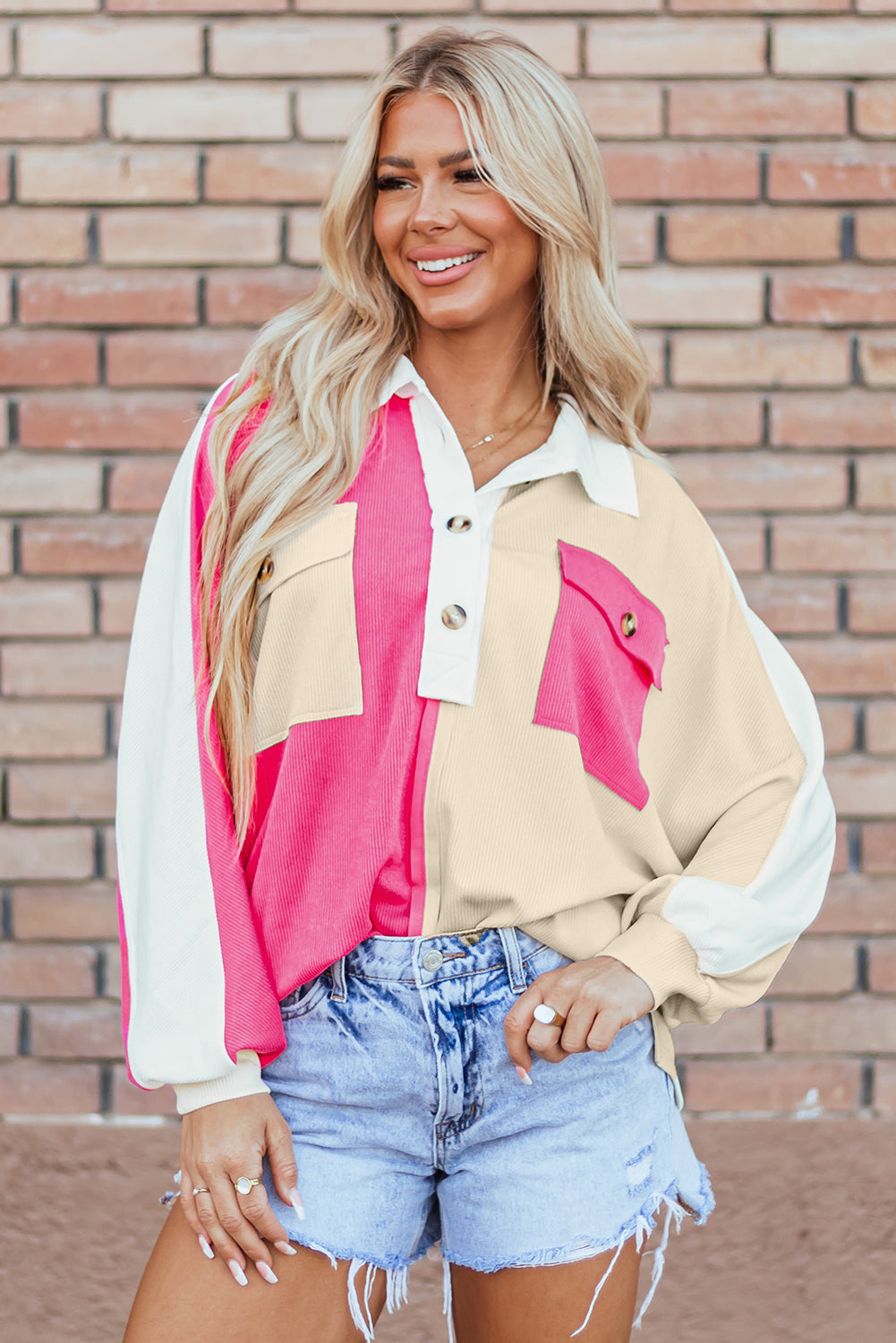 Colorblock Ribbed Collared Oversized Sweatshirt