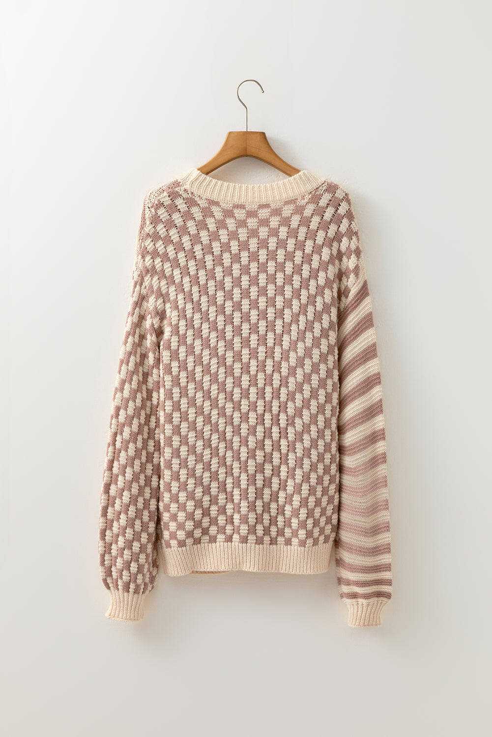 Checkerboard Sleeve Drop-Shoulder Balloon Knit Top