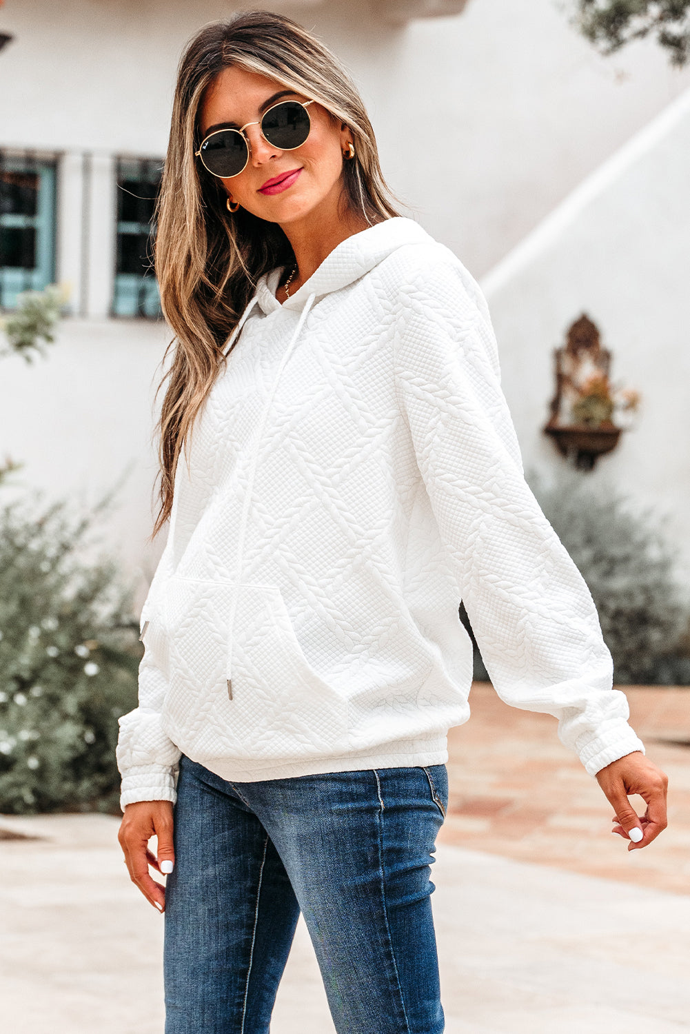 Cable Kangaroo Lattice Texture Pocket Hoodie