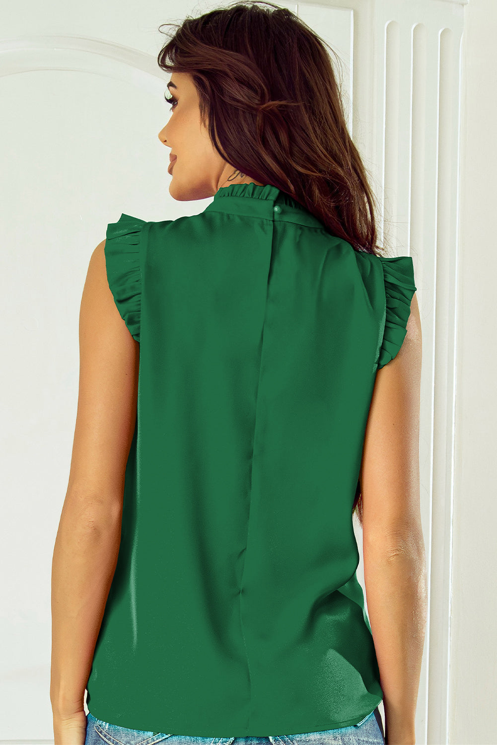 Women's Top with Trim Sleeveless Mock Frill-Trimmed