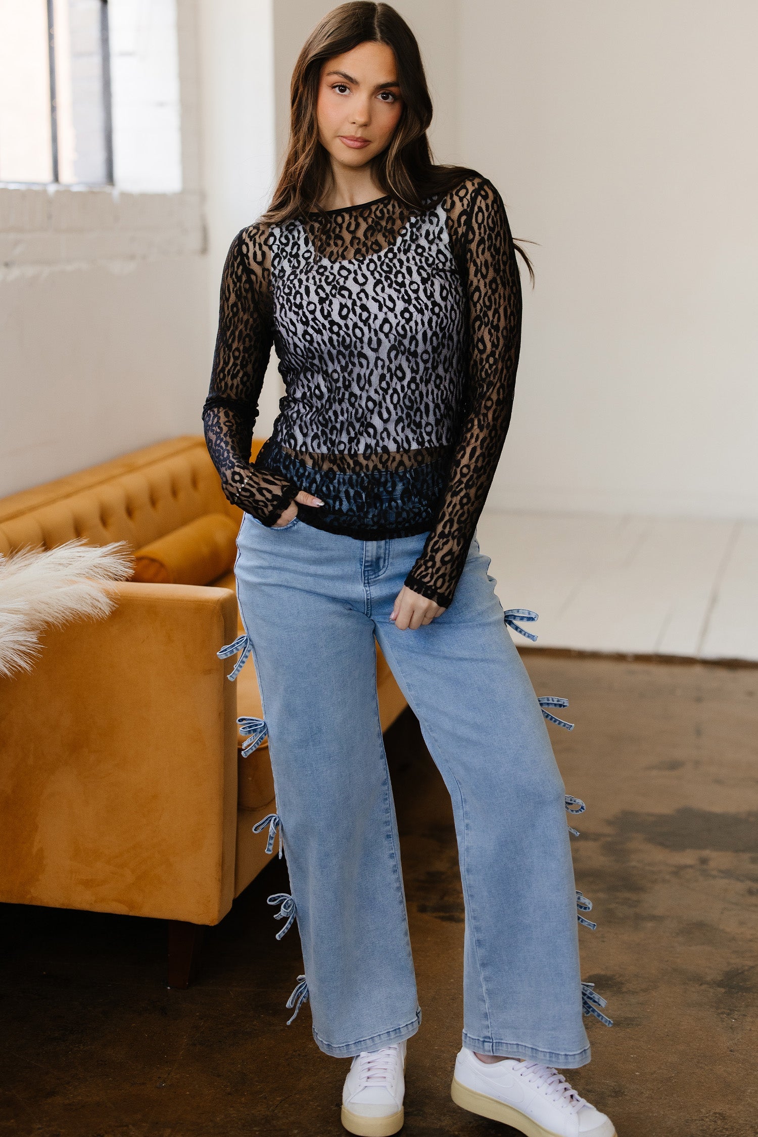 Pattern Sheer Leopard Sheer Mesh Long-Sleeved Top