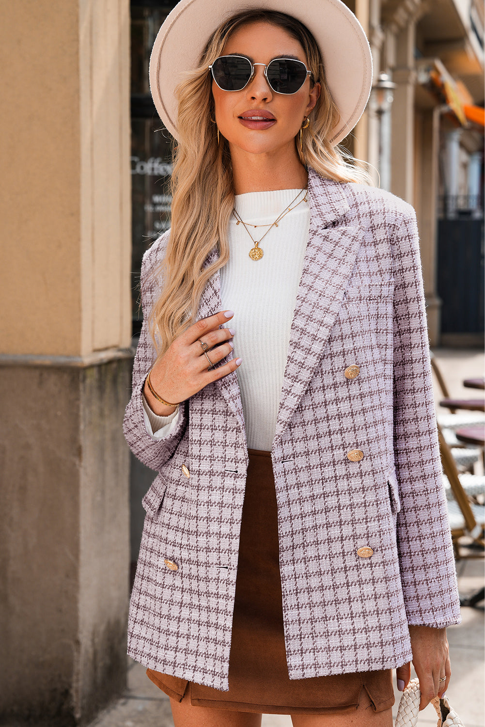 Refined Tweed Plaid Blazer in Burgundy