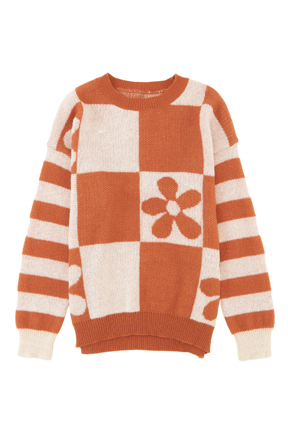 Women's Sweater Featuring Checked Floral-Print Print Striped