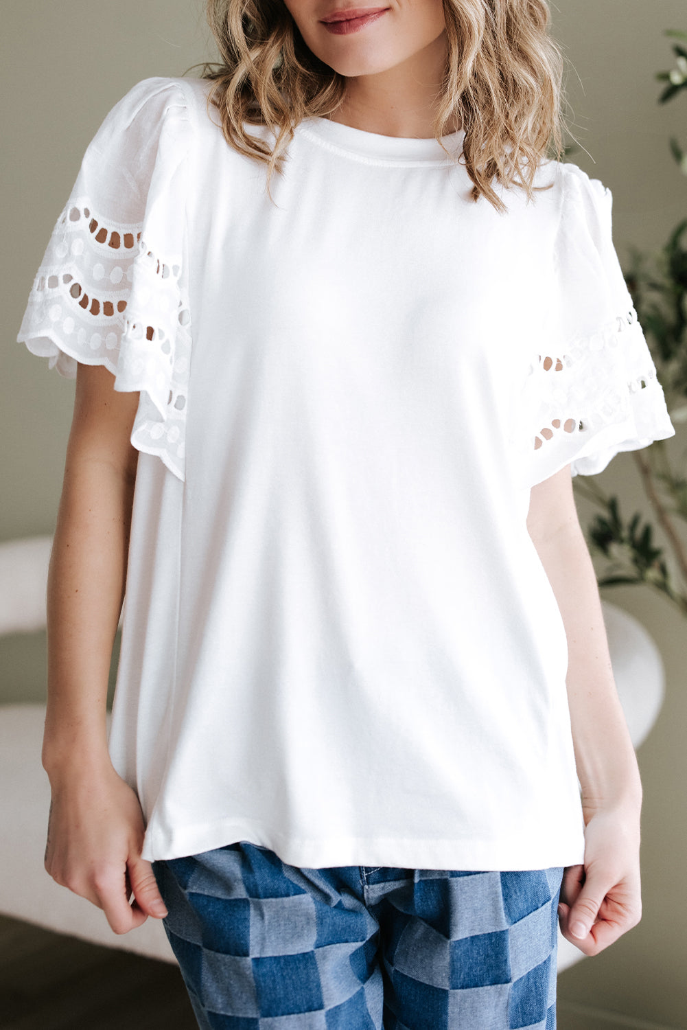 White Hollow Out Embroidered Short Sleeve Top
