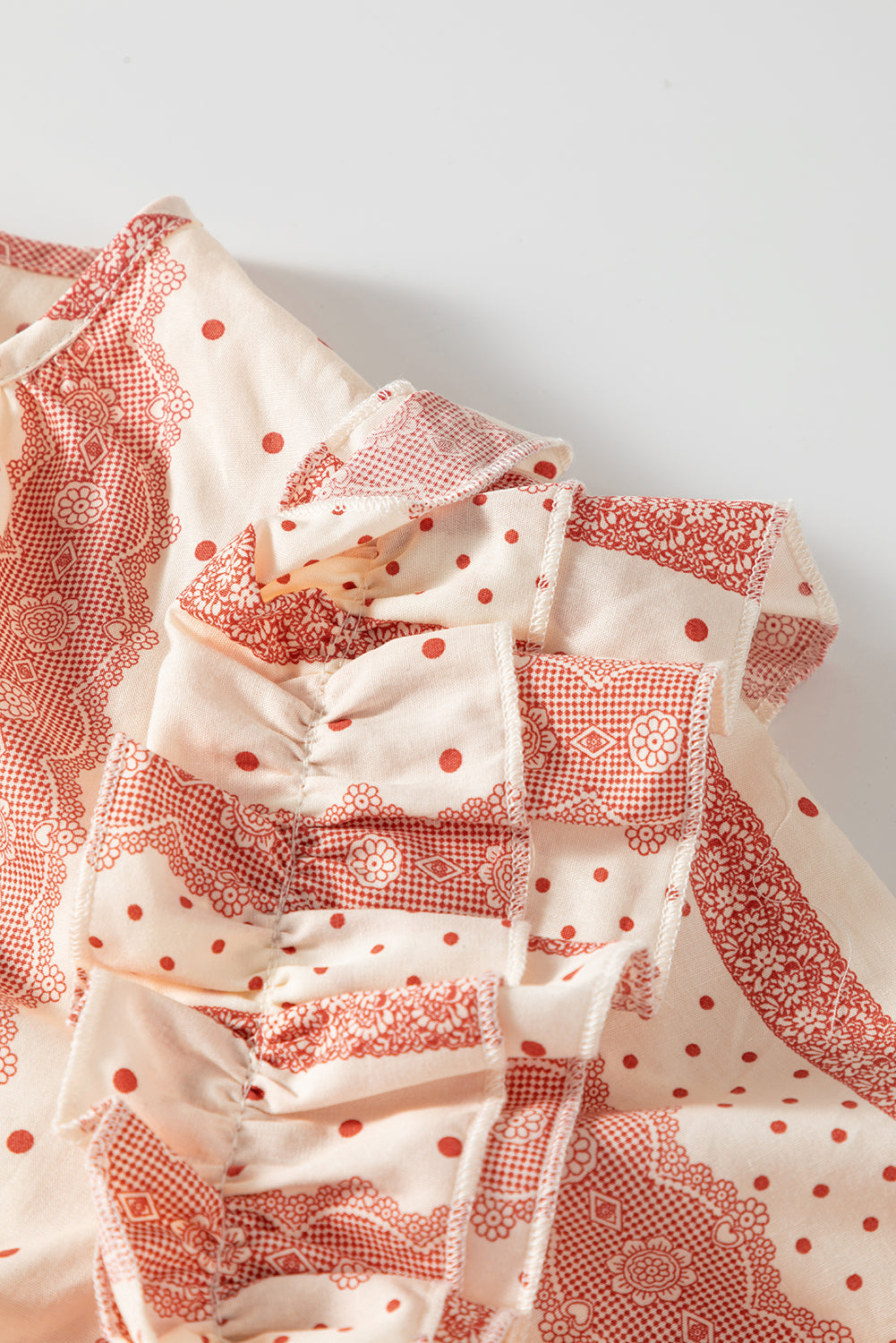 Women's Frill-Trimmed Short Balloon Sleeve Mixed Print Blouse