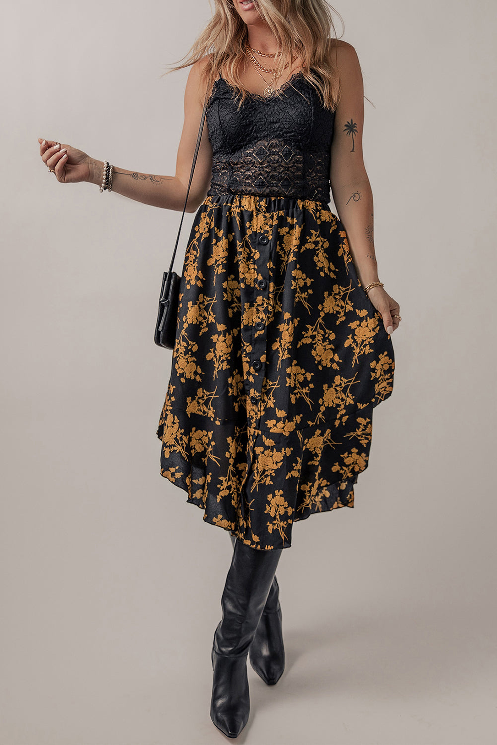 Women's Skirt Featuring Elastic Waist Floral-Print Ruffle-Trimmed
