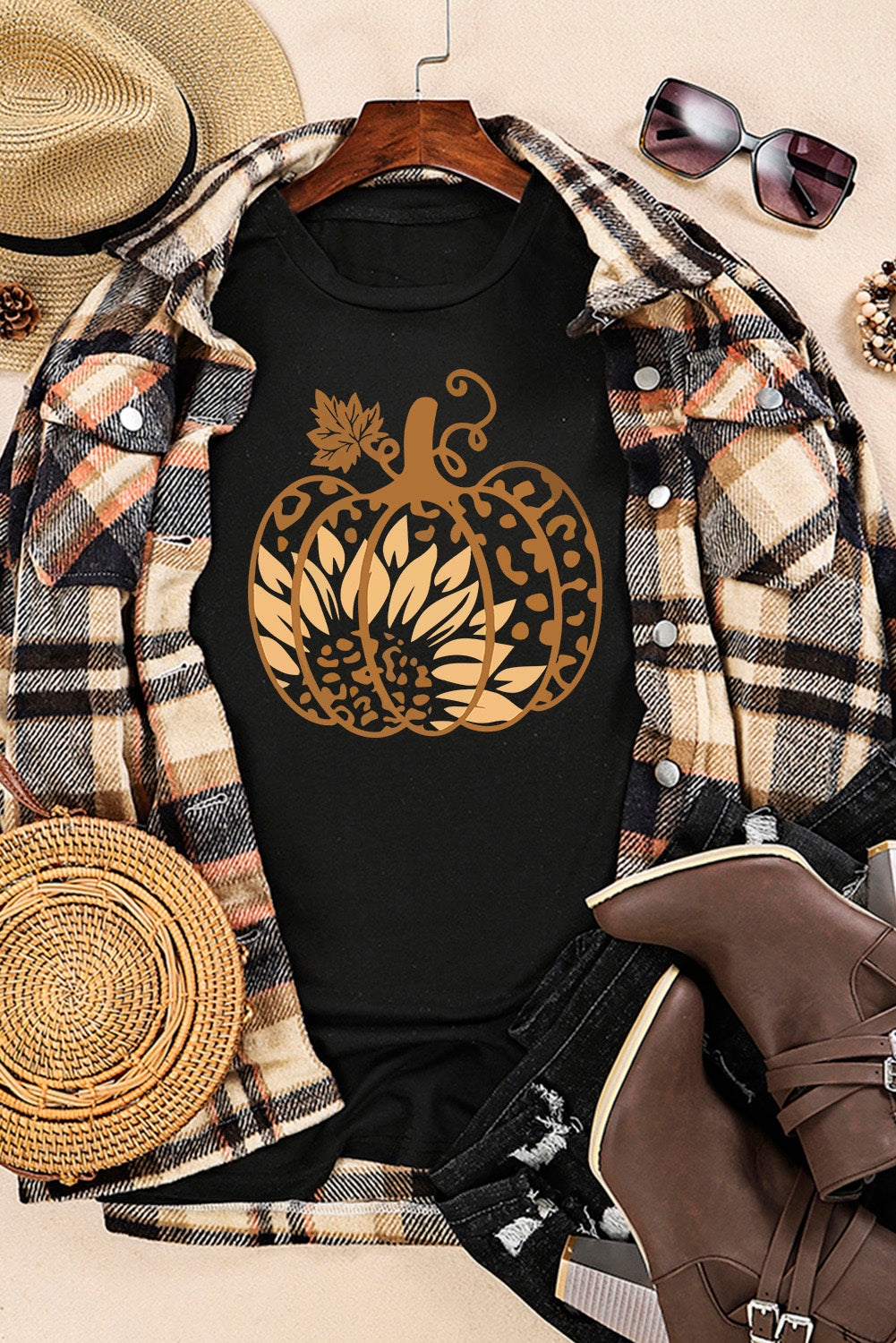 Women's Tee with Halloween Sunflower Pumpkin Graphic-Print