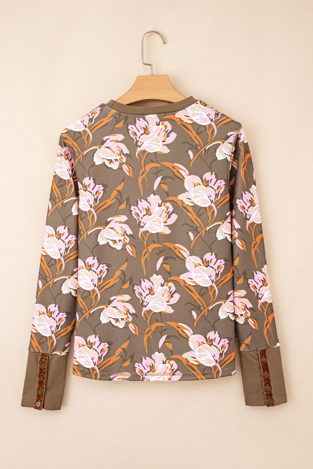 Floral-Print Long-Sleeved Waffle Textured Top in Brown