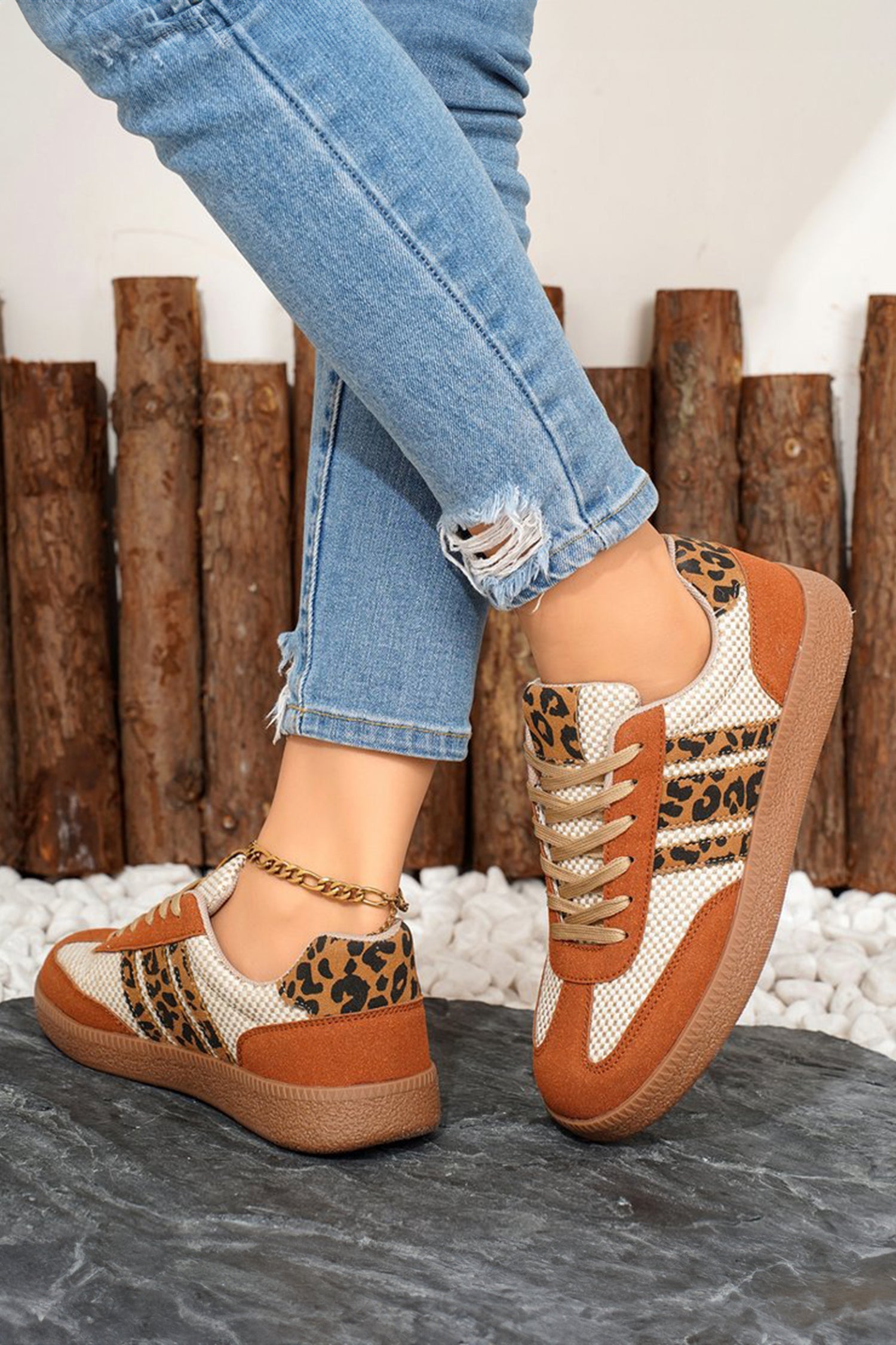 Checkered Leopard Colorblock Patchwork Lace Up Sneakers