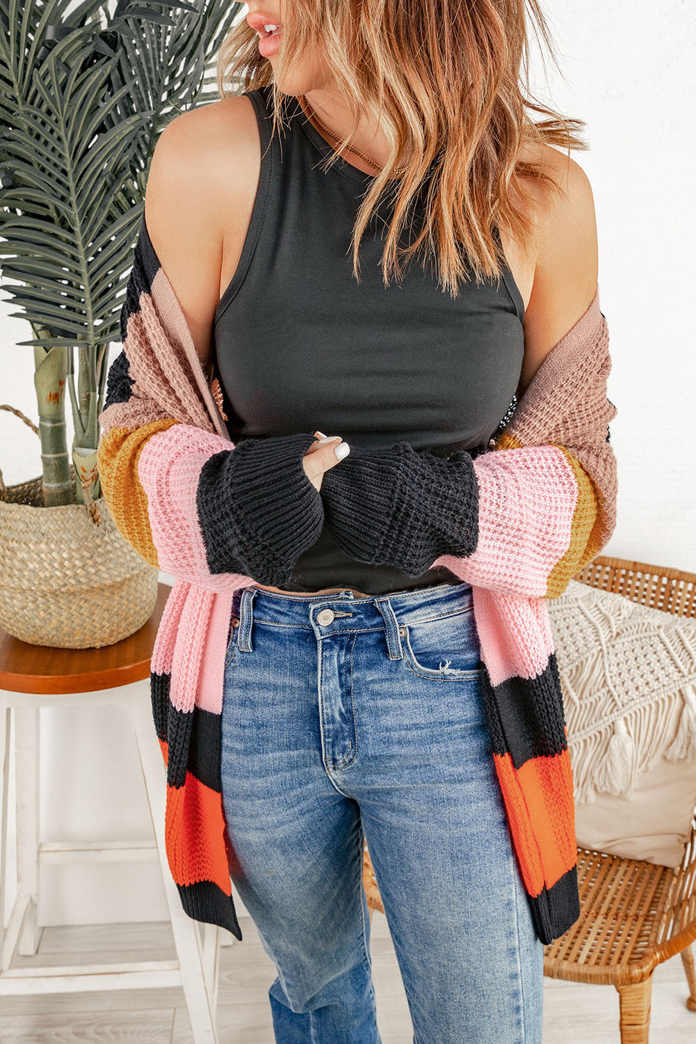 Women's Open Front Waffle Knitted Cardigan