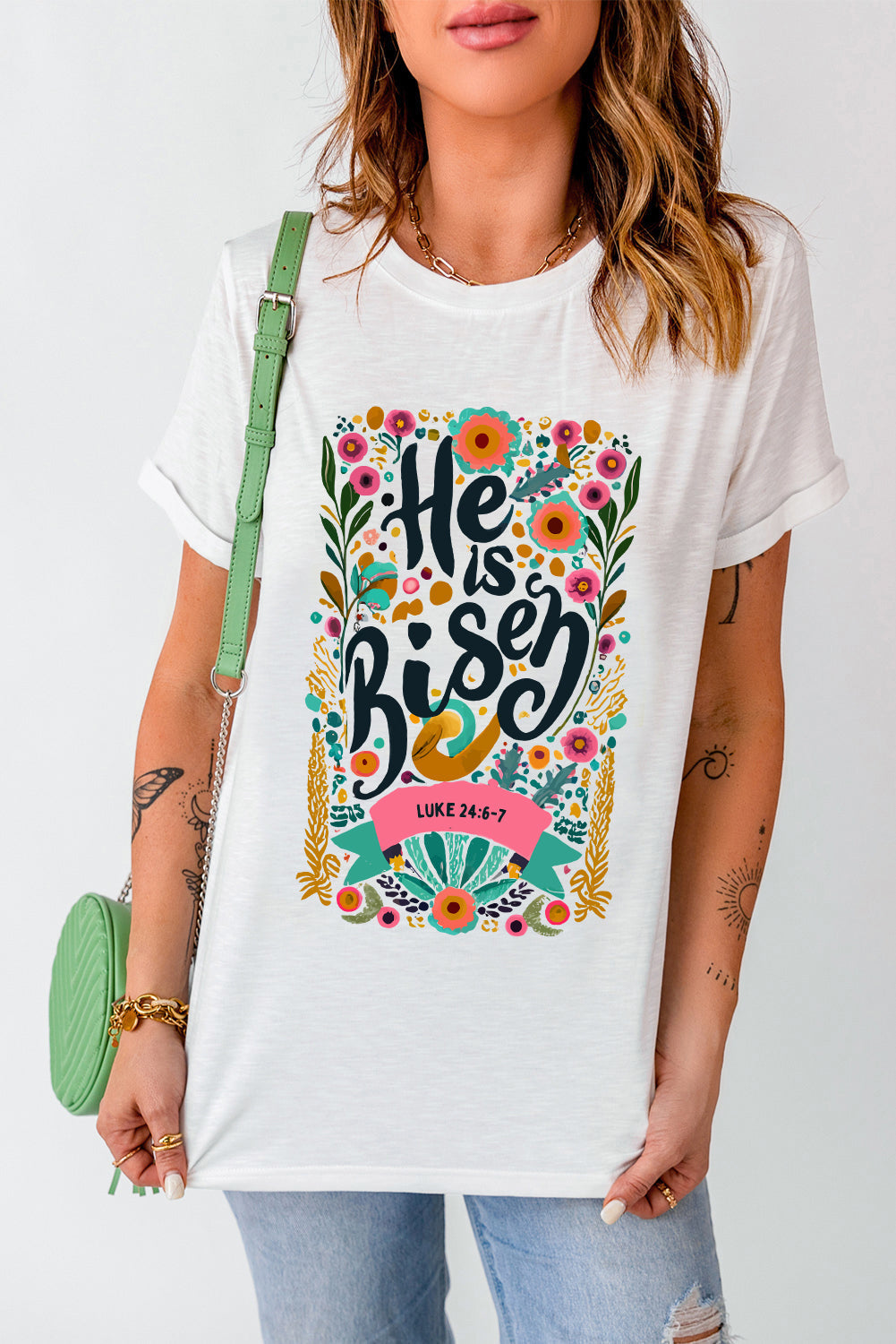 Women's T Shirt Featuring He Is Risen Floral-Print Print Round Neck