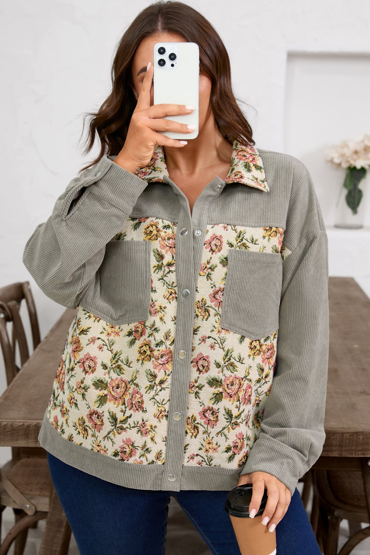 Grey Floral Medium Floral Patchwork Retro Corduroy Jacket
