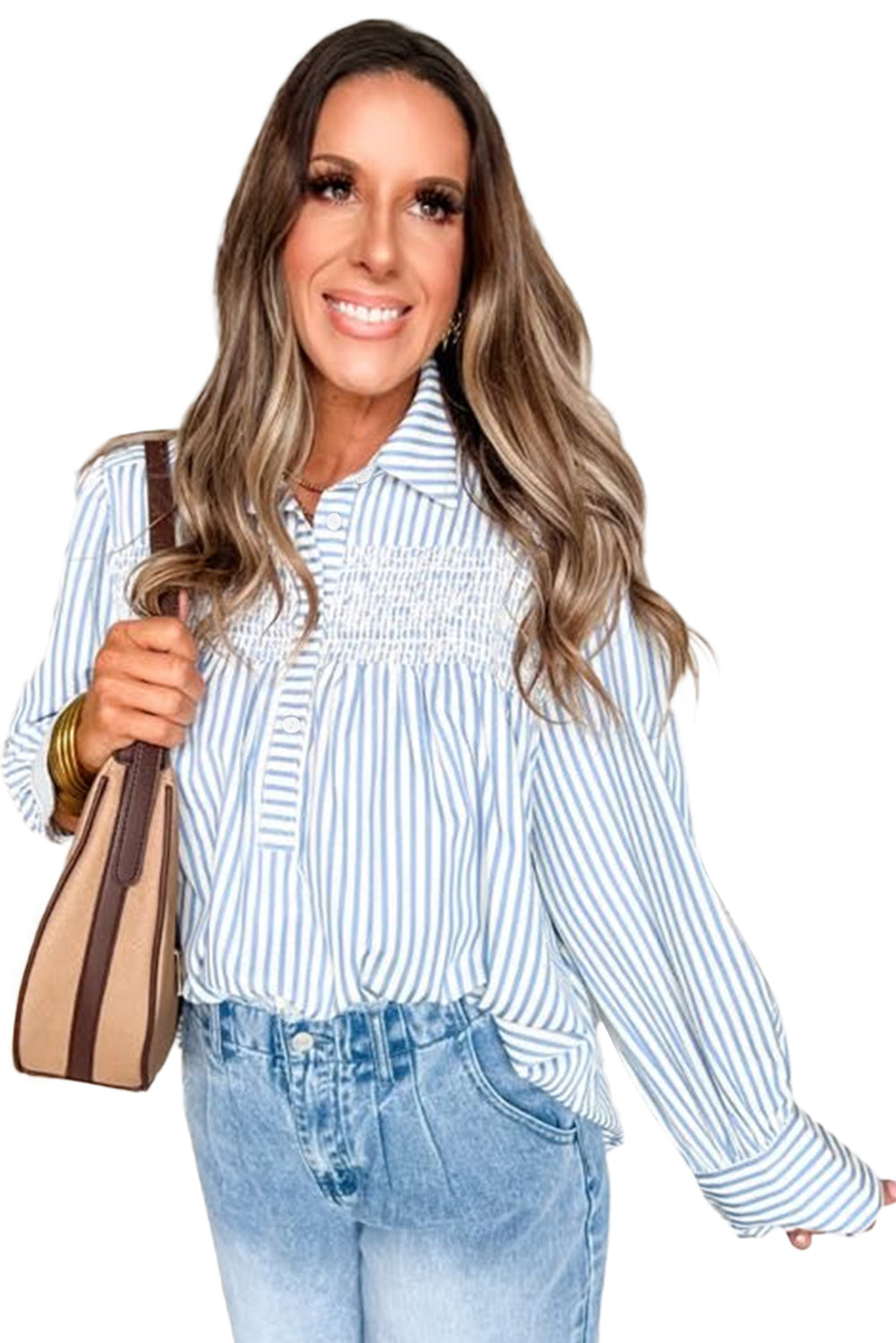 Shirred Placket Detail Half Collared Long-Sleeved Fall Shirt