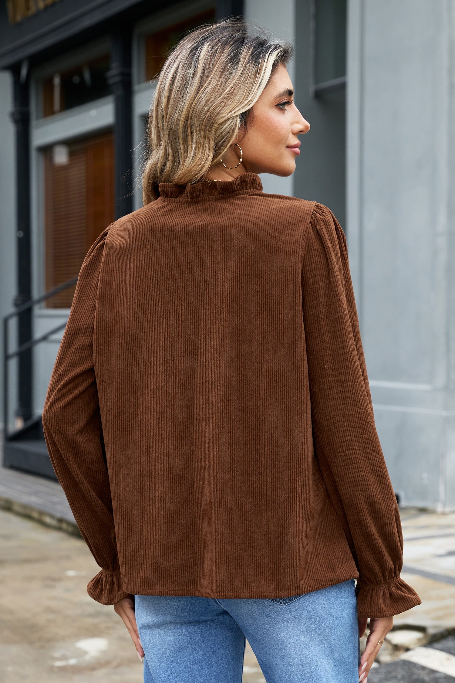 Long-Sleeved Coffee Solid Button Corduroy Shakcet