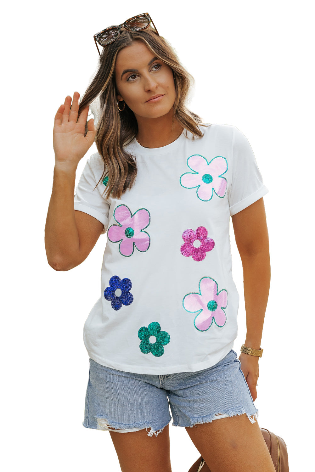 T Shirt for Women Sequined Flower Pattern Round Neck